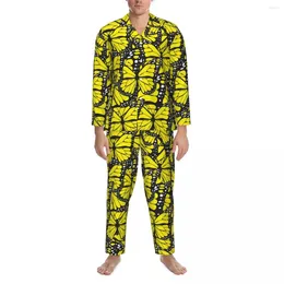 Slaapkleding voor heren gele vlinder Autumn Dierlijke print Casual Otenze Pyjama Set Men Lange mouwen Soft Room Custom Home Suit