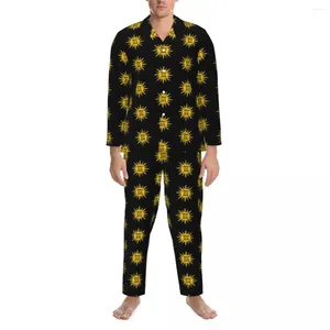 Heren nachtkleding Geel Grafische Zon Pyjama Sets Herfst Retro Print Warme Slaap Heren 2-delig Vintage Oversized Patroon Thuispak Cadeau
