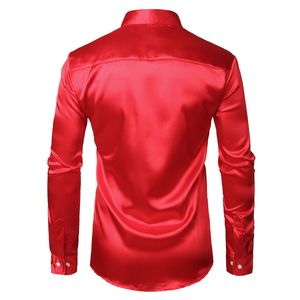 Mannen Slim Fit Silk Satijn Jurk Shirts Bruiloft Bruidegom Stage Prom Mannen Lange Mouw Button Down Shirt Male Chemise Homme Red MX200518
