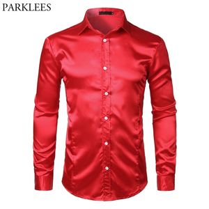 Camisas de vestir de satén de seda ajustadas para hombre, camisa de baile de escenario para novio de boda, camisa de manga larga con botones para hombre, camisa roja para hombre 210522