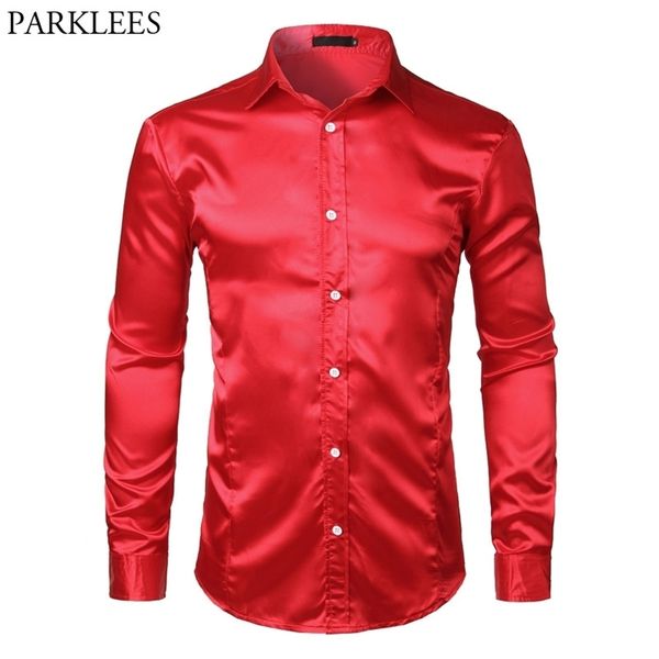 Camisas de vestir de satén de seda ajustadas para hombre, camisas de boda para novio, baile de graduación, manga larga, con botones, para hombre, Chemise Homme Red 210721