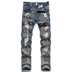 Mannen Slim Fit Streewear Retro Blue Distressed Skinny Jeans Punk Style Stretch Ripped Patch Geborduurde Patchwork Denim Broek