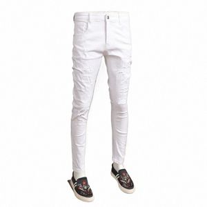 Jeans blancs Slim Fit pour hommes Été Ripped Jean Fi Streetwear Cott Pantalon élastique Distred pour Cowboys h0Cs #