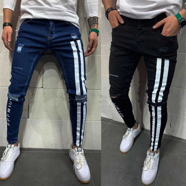 Pantalones vaqueros ajustados rasgados para hombre, pantalones pitillo de estilo Hip-Hop para motocicleta, ropa de calle con estampado de letras a rayas laterales, disfraz vaquero para correr X0621