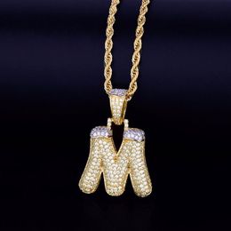 Colliers avec lettres de bulles de neige pour hommes, pendentif, breloque Ice Out, Zircon cubique, bijoux Hip hop avec chaîne en corde 220i