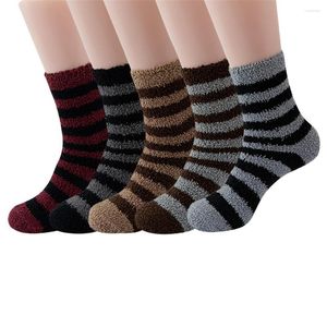 Chaussettes pour hommes 1 paire de molleton de corail mi-long avec rayures décontractées pour un usage domestique chaleur hivernale épaissie