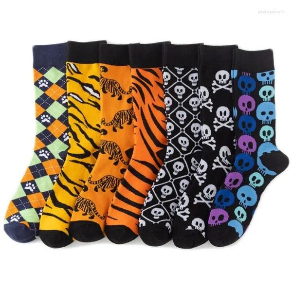 Calcetines masculinos 1 pares de cráneo funky hombres tigre dibujos animados aliende novedoso hip hop hop naranja tendencia loca regalo