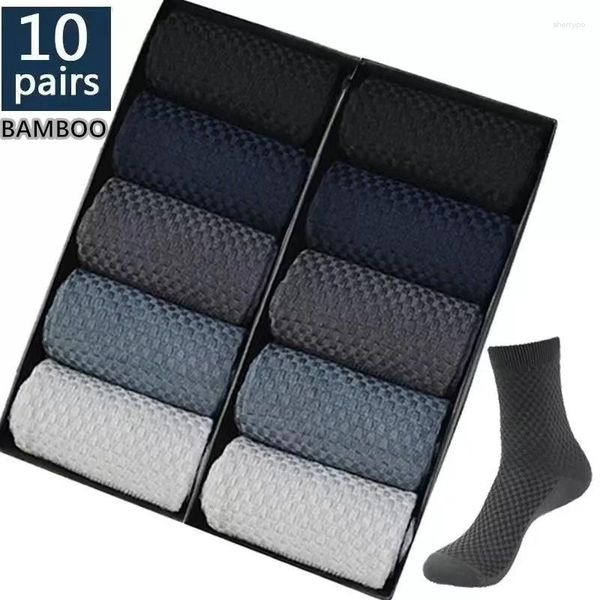 Calcetines para hombre, 10 par/lote, tejido de primera calidad, fibra de bambú, transpirable, absorbente del sudor, informal de negocios