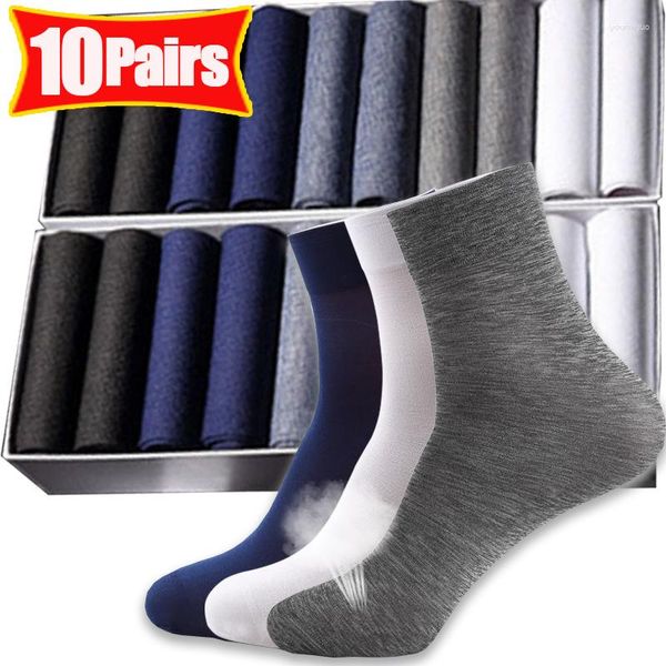 Chaussettes pour hommes 10 paires hommes ultra-minces été chaussettes de soie de glace solide mi-tube affaires respirant sport cheville fibre de bambou