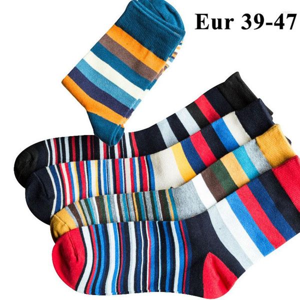 Chaussettes pour hommes, 10 pièces, 5 paires, en coton, tendance, grande taille 44 45 46 47, rayures chromatiques, Calcetines Happy Funny Sox Meias