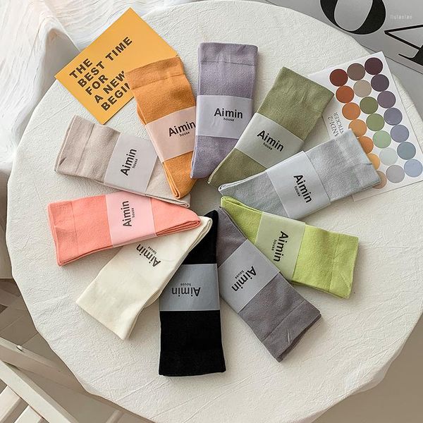 Chaussettes homme 1 paire coton peigné été mince femme fille étudiants Harajuku plaine Morandi couleur bonbon Skateboard Happy maille Sokken