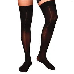 Chaussettes pour hommes 1 paire de bas de cuisse pour hommes brillant voir à travers l'huile sexy brillante antidérapante douce compression transparente élastique en soie longue