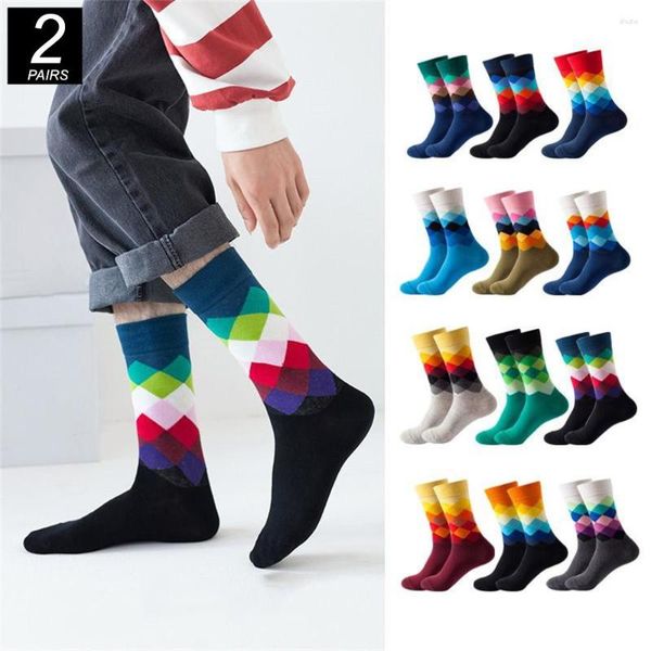 Chaussettes pour hommes 2 paires mi-longueur coton hommes mi-mollet diamant Plaid Design coloré femmes Hip Hop Skate Sox