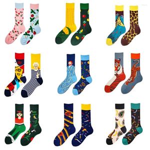 Chaussettes masculines 2024 Fashion Oil Painting Cartoon Funny Unisexe Crew Femmes Men Hommes Coton Novel Creative Gifts Wholesale