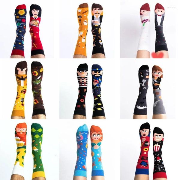 Chaussettes pour hommes 2 paires/lot drôle mode Hip Hop heureux Harajuku confortable décontracté nouveauté asymétrique dessin animé sport