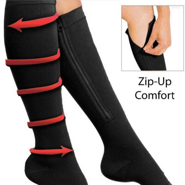 Chaussettes pour hommes 2 pièces, bas de sport unisexe, Compression, fermeture éclair, Nylon, Support de jambe extensible, bout ouvert, Calcetines de genou 40JUL15