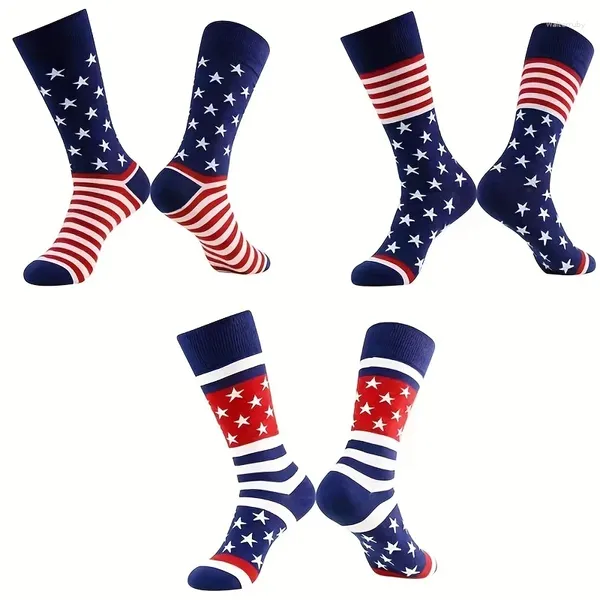 Calcetines para hombre, 3 pares, estampado de bandera americana, novedad, divertido, feliz, moda, deportes de algodón