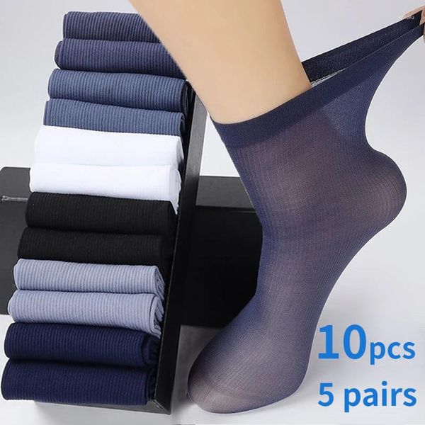 Calcetines para hombre, 5 pares, fibra de bambú, verano para hombre, transpirables, finos, seda de hielo, calcetines de nailon elástico alto, informales de negocios