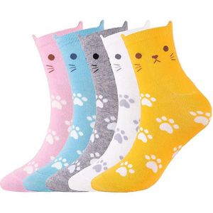 Heren sokken 5 paar cartoon dier sokken kat schattige vrouwen mode kleurrijke kawaii print candy color cotton dames crew socks katten oor poot sokken y240528