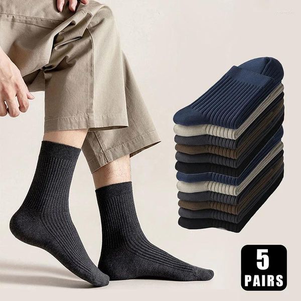 Chaussettes masculines 5 paires de coton de haute qualité Business Houstable Casual Compression Automne Hiver Middle Tube Robe Sock pour mâle