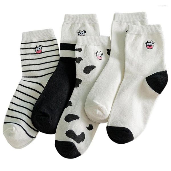 Chaussettes Homme 5 Paires Broderie Vache Moyen-tube Mi-mollet Chaussette Coton Fille