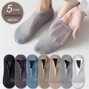 Chaussettes pour hommes 5 paires évider maille invisible homme bateau glace soie antidérapante cheville chaussette pantoufles coton bas été coupe basse Socken