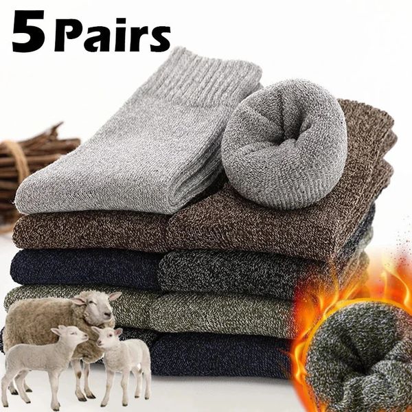 Chaussettes pour hommes 5 paires hommes laine hiver chaud épais s haute qualité plus épais coton décontracté solide rayé chaussette plancher peluche botte 3845 231205