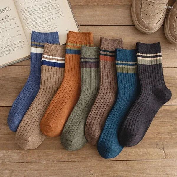 Chaussettes pour hommes 5 paires de printemps et d'automne rayé mi-tube été couleur unie confortable respirant basket-ball