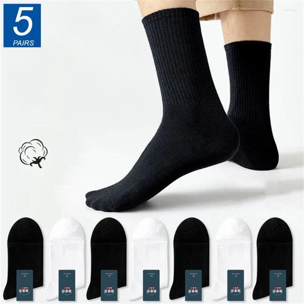 Calcetines para hombres 5 par/pack hombres de negocios algodón de alta calidad blanco negro color sólido tubo medio cuatro estaciones casual sokken para regalo