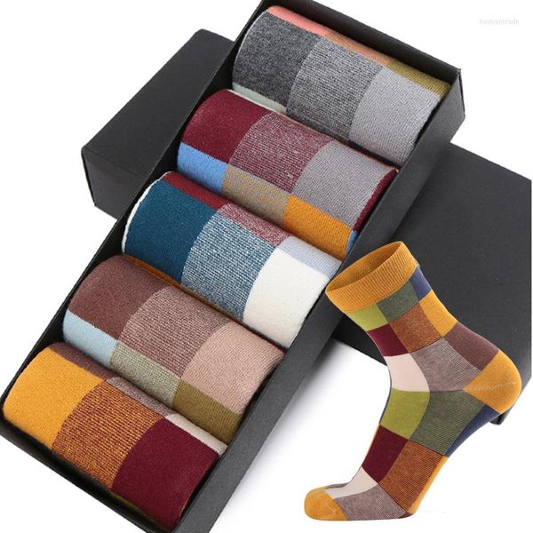 Chaussettes pour hommes 5 paires/paquet chaussettes en treillis colorées pour hommes pour hommes coton peigné classique heureux affaires décontracté homme