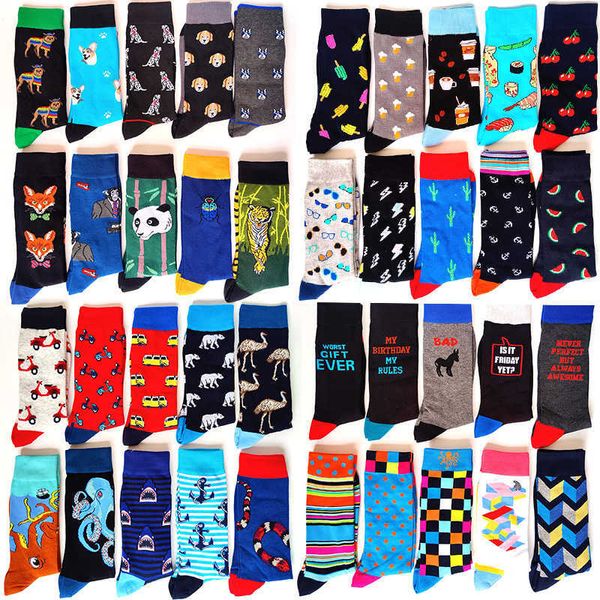 Calcetines de los hombres 59 Estilo Hombres Calcetines divertidos felices Tubo de algodón Calcetín de la tripulación Perro Coche letra Flamingo Tigre Pulpo Sandía Frutas Patrón Hombres Sokken T221011