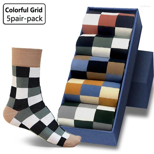 Calcetines para hombre, paquete de 5 pares, calcetín de rejilla colorido, informal, de negocios, de alta calidad, algodón peinado feliz, moda para caballero