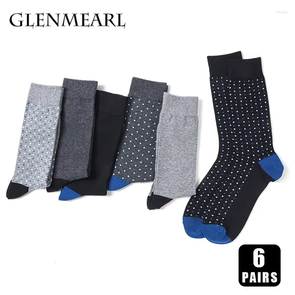 Chaussettes masculines 6 paires hommes robes de haute qualité en coton entreprise décontractée de mode douce de mode motif de points bleus plus taille mâle longue chaussette masculine