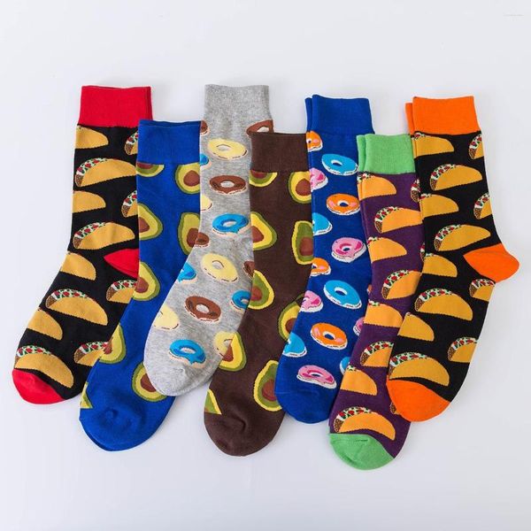 Herrensocken, 7 Paar, modisch, bunt, lässig, Baumwolle, für Männer, Essen, Serie, Donut, Avocado, Sushi, fröhlich, lustig, für Drop