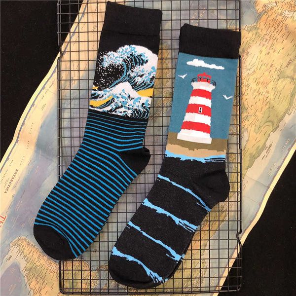 Chaussettes pour hommes Chaussettes en coton pour adultes Chaussettes drôles de vague de mer Voyage Phare de navigation Pharos Beacon OFFICIEL Design original 2021 Street Fashion T221011