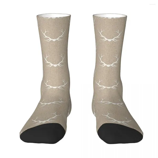 Calcetines para hombres All Seasons Crew Medias Antlers - Blanco sobre lino tostado Harajuku Crazy Hip Hop Largo para hombres Mujeres Regalos de Navidad