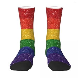 Chaussettes pour hommes toutes saisons, bas d'équipage à fausses paillettes, LGBTQ Pride, fond de drapeau arc-en-ciel, accessoires longs pour hommes et femmes, cadeaux