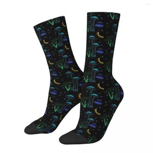 Chaussettes pour hommes toutes les saisons Bas d'équipage Champignons néon dans la nuit sombre Harajuku Crazy Hip Hop Long pour hommes femmes cadeau de Noël