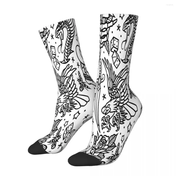 Chaussettes pour hommes, tatouage traditionnel américain, imprimé Flash, variante squelette, os de crâne, bas d'automne en Polyester