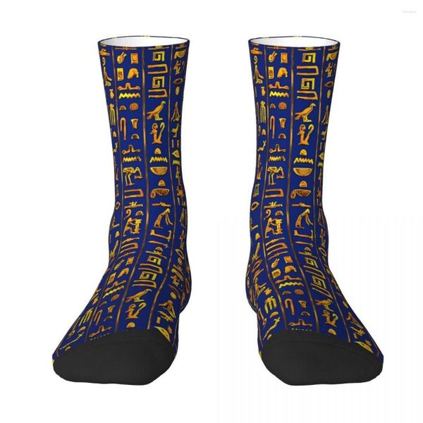 Chaussettes Homme Hiéroglyphes Egyptiens Anciens Or Sur Bleu Foncé Chaussette Homme Femme Bas Polyester Personnalisable Hip Hop