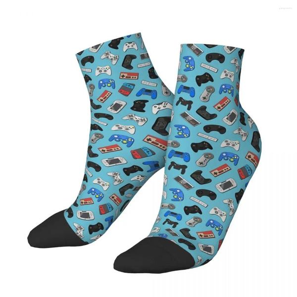 Chaussettes pour hommes, fond bleu, contrôleur de jeu de cheville, unisexe, Harajuku, imprimé sans couture, chaussettes basses heureuses, cadeau