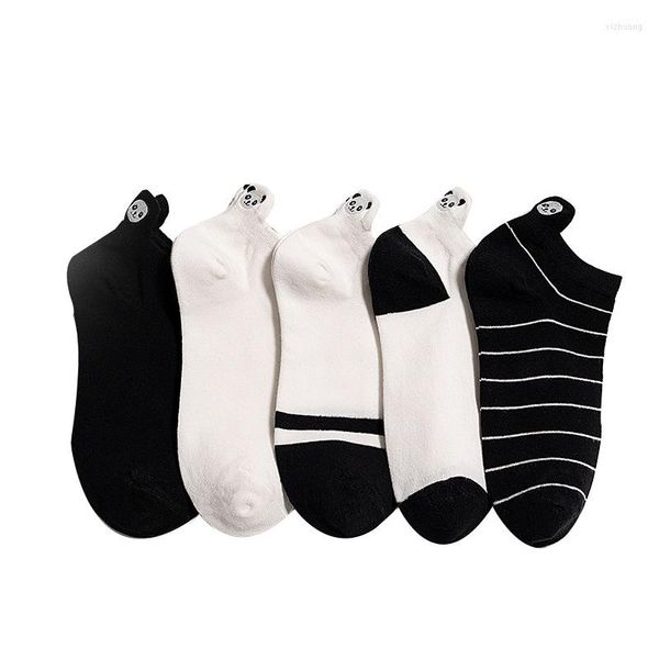 Chaussettes pour hommes Respirant Broderie Panda Short Sox Funny Nice Gift Cotton 5Pairs For Men Shallow Mouth Boat