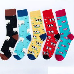 Heren Sokken Cartoon Boerderij Dieren Leuke Schapen Koe Varken Funky Harajuku Mannen Colorf Gelukkig Herfst Grappig Hip Hop Casual Katoen Winter Drop Del Dhxgd