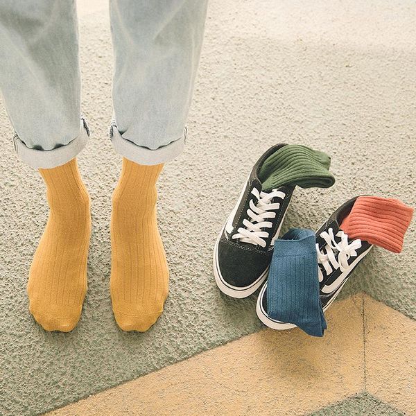 Homme Chaussettes CHAOZHU Automne Printemps 95% Coton Côtelé Couleurs unies Japonais Basique Rétro Vintage Mode Multicolore Quotidien Homme Garçons