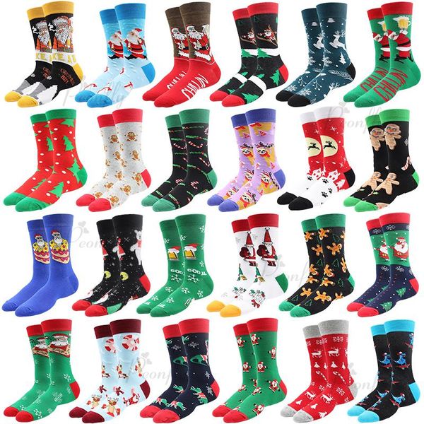 Chaussettes pour hommes Noël PEONFLY Coton coloré Happy Crew Harajuku Hip Hop Funny Cartoon Père Noël Biscuits