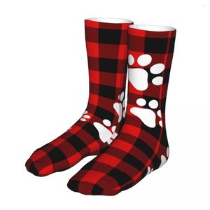 Herensokken Compressie Cute Snow Dog Paws Rood Zwart Geruit Dames 2023 Damesfiets