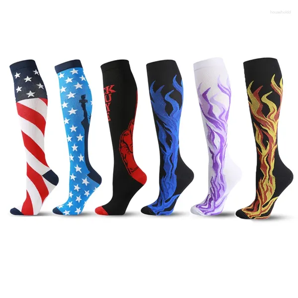 Calcetines de compresión para hombre, para correr al aire libre, senderismo, baloncesto, Fitness, ciclismo, alivio elástico del dolor muscular, estilo de bandera de llama