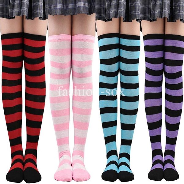 Chaussettes pour hommes Compression rayé cuisse haute sur le genou pour femmes bas longs mignon Kawaii coton tricot