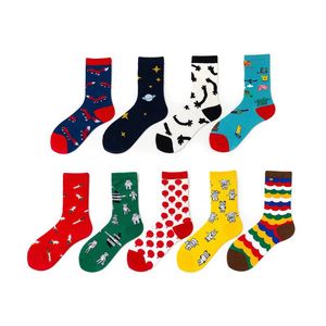 Chaussettes pour hommes coton mode et confortable femmes coloré Harajuku drôle mignon dessin animé planète Animal Art peinture étoile longue