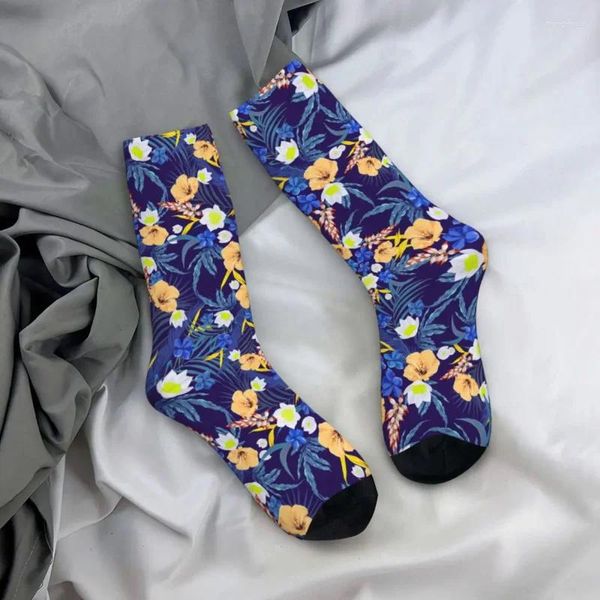 Chaussettes pour hommes Design fou belles fleurs tropicales sport bleu exotique Floral Polyester tube moyen pour unisexe respirant